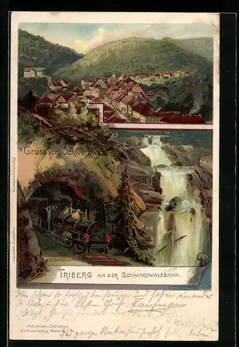 Künstler-AK Triberg, Ortsansicht mit Schwarzwaldbahn und Wasserfall