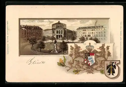Passepartout-Lithographie München, Gärtnerplatz mit Denkmal aus der Vogelschau, Wappen, Kindl