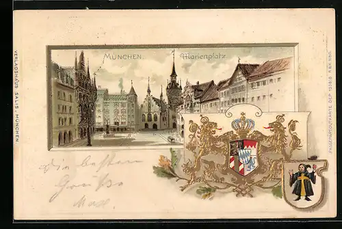 Passepartout-Lithographie München, Marienplatz mit Wappen & Münchner Kindl