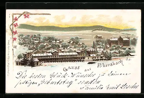 Lithographie Ebersbach i. Sa., Panorama mit Blick auf Güterzugwaggons