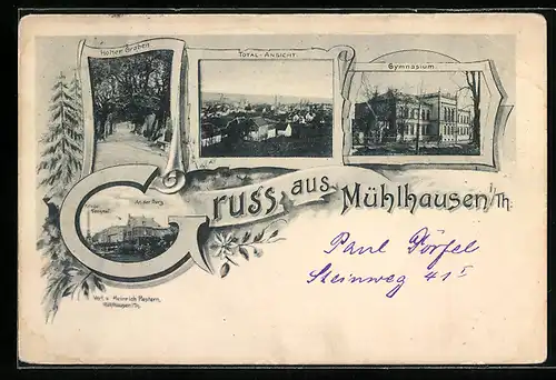AK Mühlhausen i. Thür., Hoher Graben, Gymnasium und Krieger-Denkmal