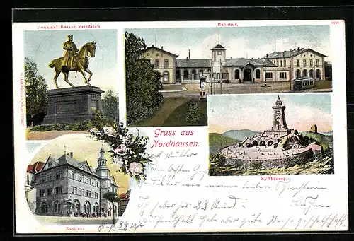 AK Nordhausen, Bahnhof mit Strassenbahn, Kyffhäuser aus der Vogelschau, Denkmal Kaiser Friedrich
