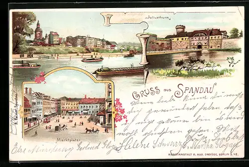 Lithographie Berlin-Spandau, Gebäude am Marktplatz, Juliusthurm