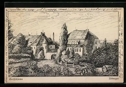 Künstler-AK Grossschirma, Rittergut aus der Vogelschau