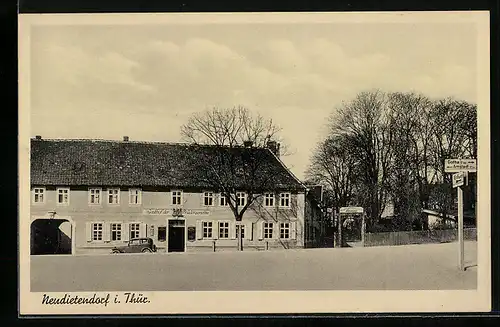 AK Neudietendorf i. Thür., Gasthof der Brüdergemeine mit Garteneingang
