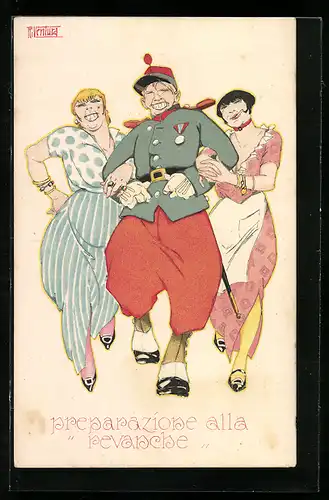 Künstler-AK sign. Riventura: Soldat in Uniform mit zwei Frauen
