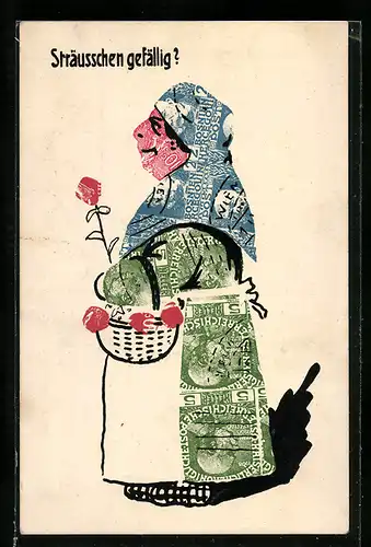 AK Sträusschen gefällig?, Briefmarkencollage einer Blumenverkäuferin