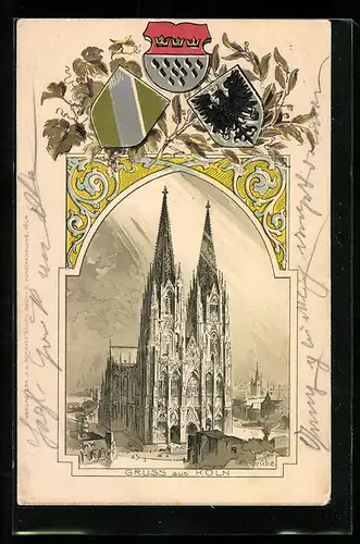 Passepartout-Lithographie Köln, Dom im Sonnenlicht, Wappen