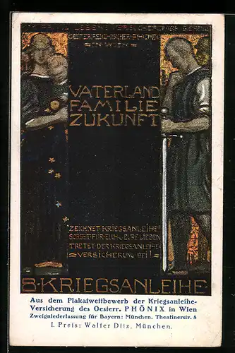 Künstler-AK sign. Walter Ditz: Vaterland, Familie, Zukunft, 8. Kriegsanleihe, Soldat mit Frau und Kind