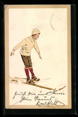 Künstler-AK Carlo Pellegrini: Skifahrer im Schnee