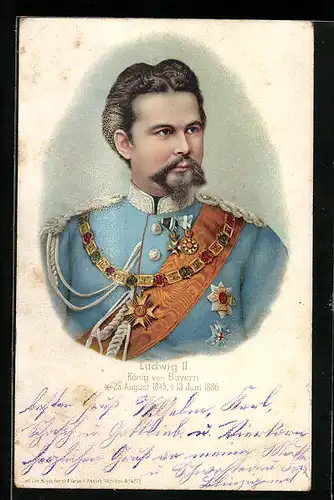 Lithographie Portrait von Ludwig II. von Bayern in Uniform