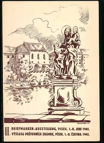 Künstler-AK Pisek, Briefmarken-Ausstellung 1941, Ortspartie mit Standbild