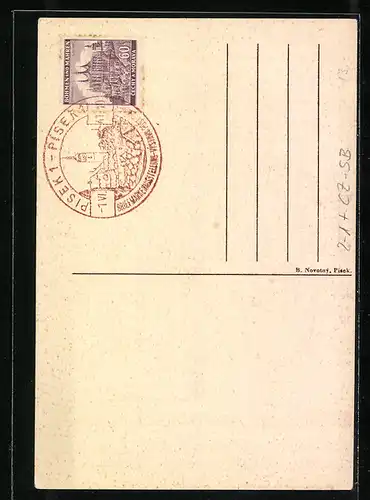 Künstler-AK Pisek, Briefmarken-Ausstellung 1941, Ortspartie mit Standbild