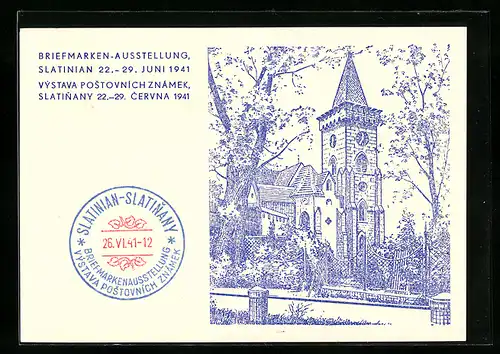 AK Slatinany, Briefmarken-Ausstellung 22. - 29. Juni 1941, Kirche