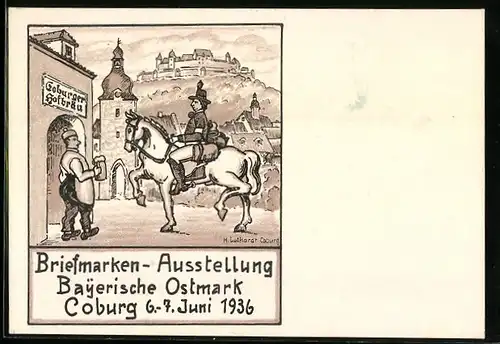 Künstler-AK Coburg, Briefmarken-Ausstellung 6.-7. Juni 1936, Postillon vorm Gasthaus