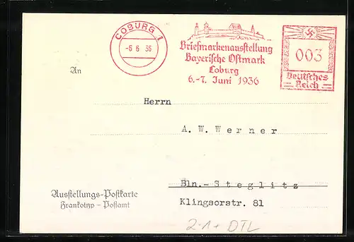 Künstler-AK Coburg, Briefmarken-Ausstellung 6.-7. Juni 1936, Postillon vorm Gasthaus