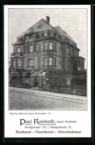 AK Reichenbach i. V., Wohnhaus Albert Gruschwitz mit Strasse