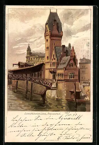 Künstler-AK Hamburg, Jungfernbrücke mit Freihafen