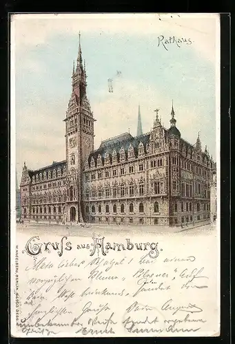 AK Hamburg, Rathaus, Aussenansicht mit hell erleuchteten Fenstern
