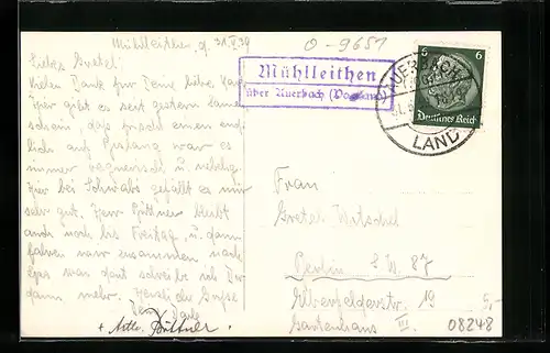 AK Landpoststempel Mühlleithen über Auerbach /Vogtland