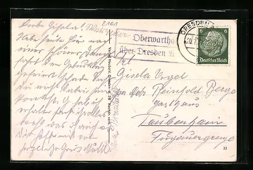 AK Landpoststempel Oberwartha über Dresden