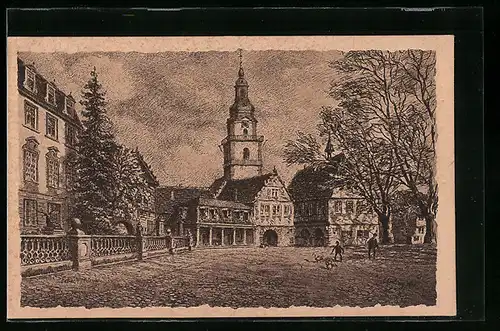 Künstler-AK Erbach /Odenw., Schloss, Kirche und Rathaus