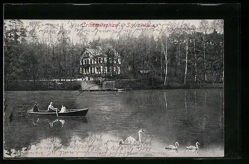 AK Crimmitschau, Sahnpark mit Gasthaus am Sahnpark, Ruderboot, Schwäne