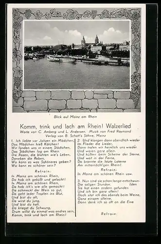 AK Mainz am Rhein, Blick auf die Stadt und Walzerlied Komm, trink und lach am Rhein !