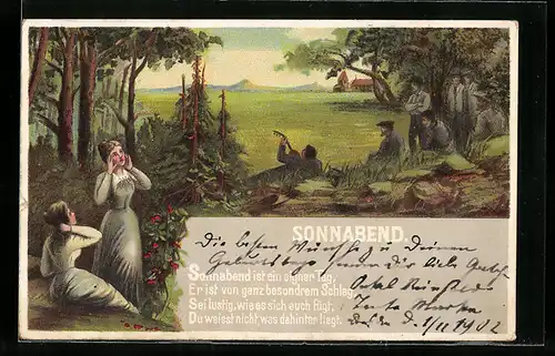 Lithographie Sonnabend, Junge Damen im Wald, Herren lauschen dem Lautenspiel