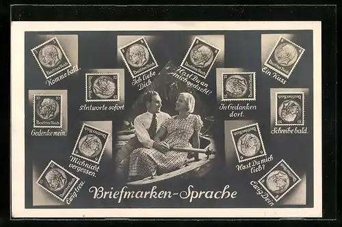 AK Briefmarkensprache, Schreibe bald, Ein Kuss, Gedenke mein