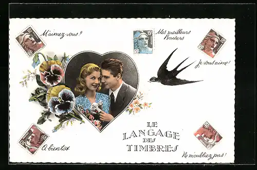 AK Le Langage des Timbres, A bientot, Je vous aime!, Mes meilleurs Baisers, Paar im Herz