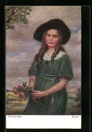 Künstler-AK Corneille Max: Junge Frau im grünen Kleid mit Rosen