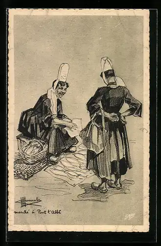 AK Französische Damen handeln miteinander auf einem Fischmarkt in volkstypischen Trachten