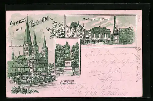 Lithographie Bonn, Münsterkirche mit Anlagen, Marktplatz und Ernst Moritz Arndt-Denkmal