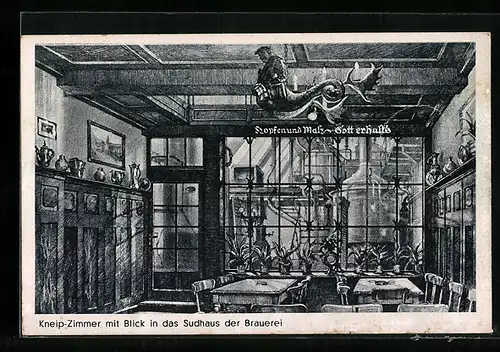 AK Bonn, Gaststätte Im Stiefel H. Erhardt-Stiefel, Bonngasse 30, Kneip-Zimmer mit Blick ins Sudhaus der Brauerei