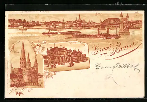 Lithographie Bonn, Panorama der Stadt, Münster-Kirche, Bahnhof