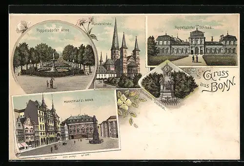 Lithographie Bonn, Poppelsdorfer Schloss und Allee, Münsterkirche, Marktplatz