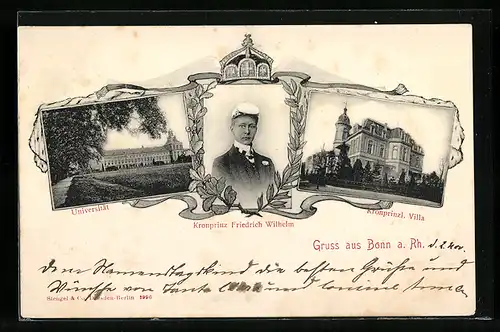 Passepartout-AK Bonn, Universität, Kronprinz Friedrich Wilhelm, Portrait und Villa, Krone