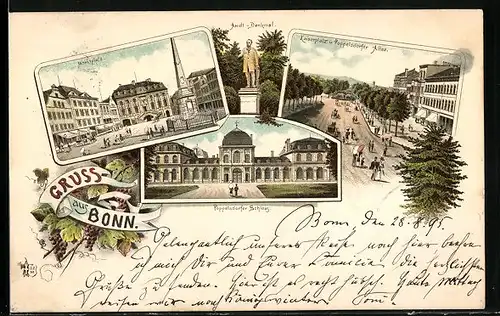 Vorläufer-Lithographie Bonn, 1895, Marktplatz, Arndt-Denkmal, Poppelsdorfer Schloss, Kaiserplatz