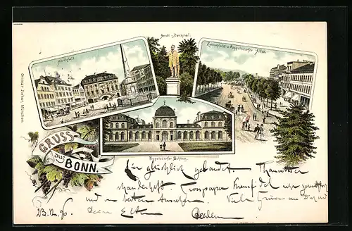Lithographie Bonn, Poppelsdorfer Schloss, Kaiserplatz mit Poppelsdorfer Allee, Marktplatz