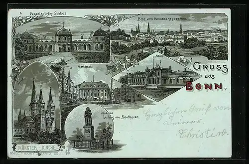 Mondschein-Lithographie Bonn, Bahnhof, Marktplatz, Beethoven-Denkmal, Ortsansicht vom Venusberg aus