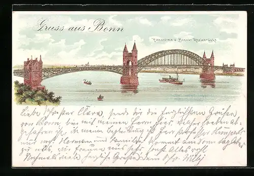 Lithographie Bonn, Panorama der Rheinbrücke