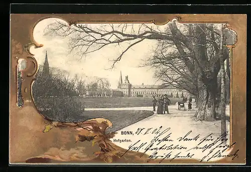 Passepartout-Lithographie Bonn, Hofgarten mit Schloss und Passanten