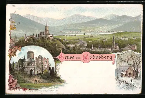Lithographie Godesberg, Ruine, Totalansicht
