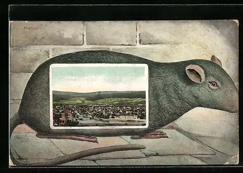 Passepartout-AK Hameln, Ortsansicht im Ratten-Passepartout