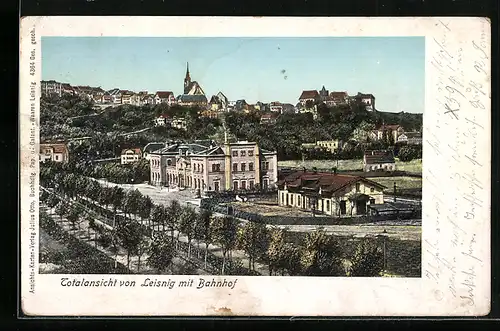 Goldfenster-AK Leisnig, Totalansicht mit Bahnhof, mit leuchtenden Fenstern