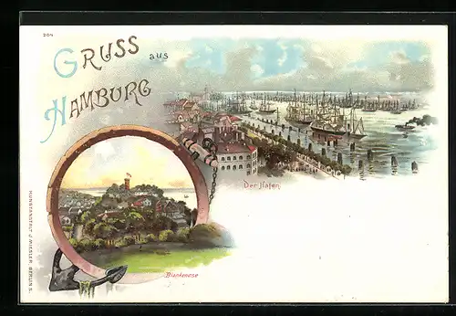 Lithographie Hamburg-Blankenese, Ortsansicht, Hafen