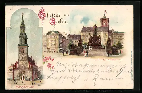 Lithographie Berlin, Marienkirche, das Luther-Denkmal, Neuer Markt