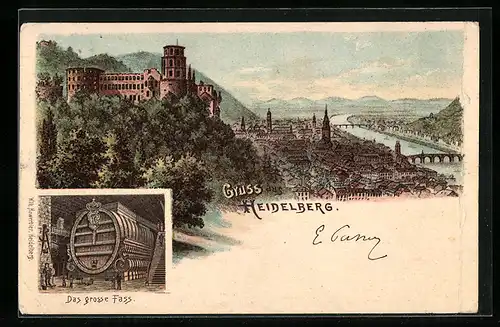 Lithographie Heidelberg, Panoramaansicht, Das grosse Fass