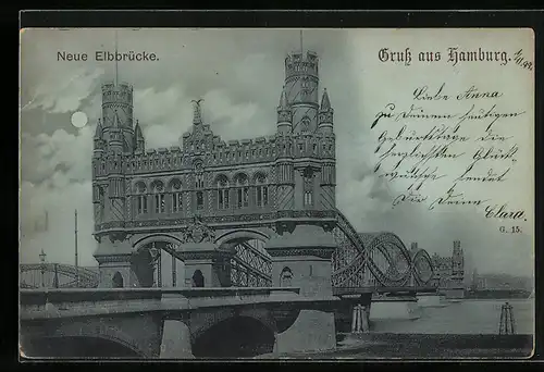 Mondschein-AK Hamburg-Rothenburgsort, Neue Elbbrücke
